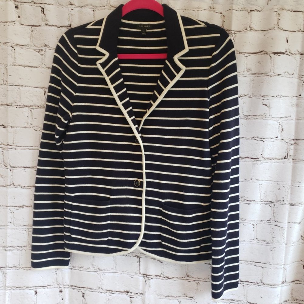 SALE PRICED!!>>TALBOTS BLUE AND WHITE STRIPED SWEATER JACKET SZ MEDIUM